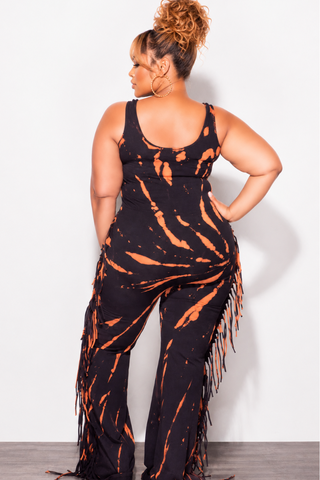 Final Sale Plus Size Tank Tie Dye Fringe Jumpsuit in Black & Rust