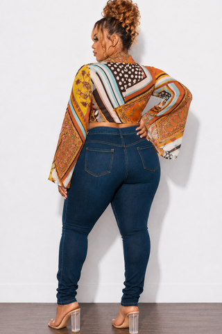 Final Sale Plus Size Sexy Wide Sleeve Chiffon Collar Crop Tie Top in Mixed Print Multi-Color