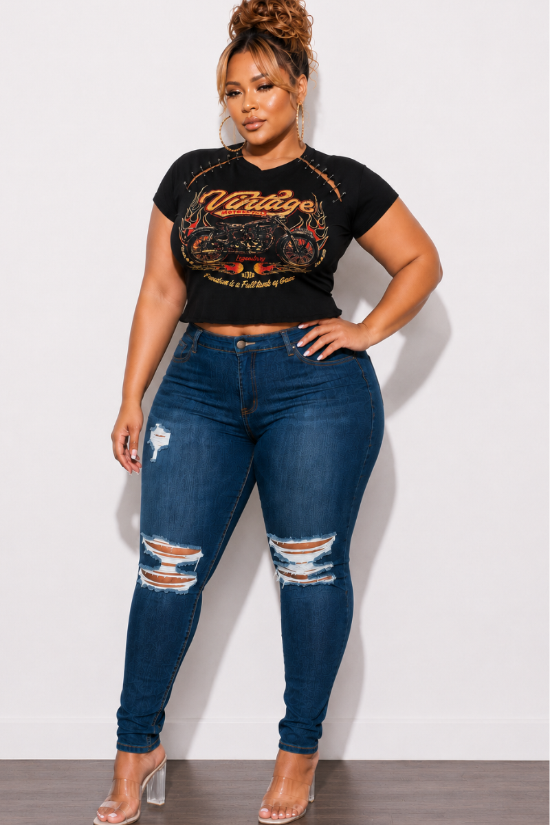 Final Sale Plus Size Edgy Vintage Graphic Top in Black