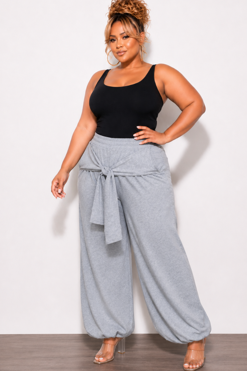 Final Sale Plus Size Jogger Pants with Front Tie in Grey