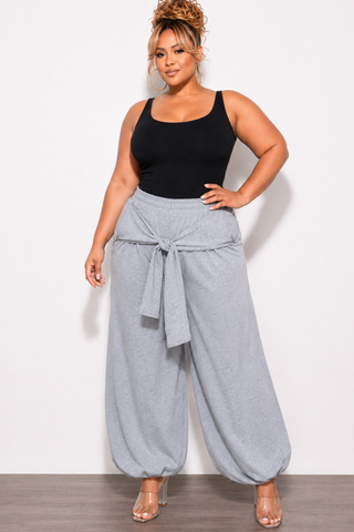 Final Sale Plus Size Jogger Pants with Front Tie in Grey