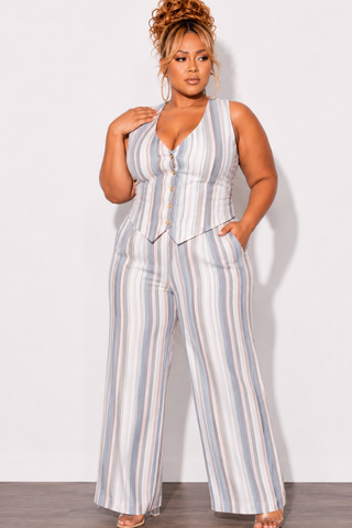 Final Sale Plus Size 2pc Sleeveless Blazer Vest and Pants Linen Set in Cream, Blue & Mauve Stripes (Copy)