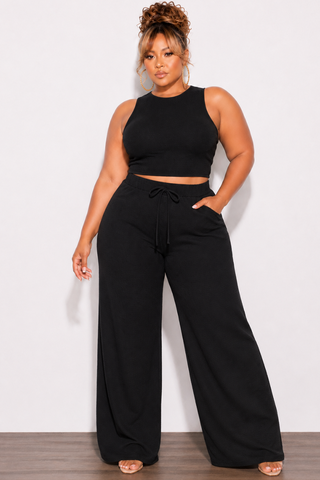 Final Sale Plus Size 2pc Cropped Tank Textured Wide Leg Pant Set in Black