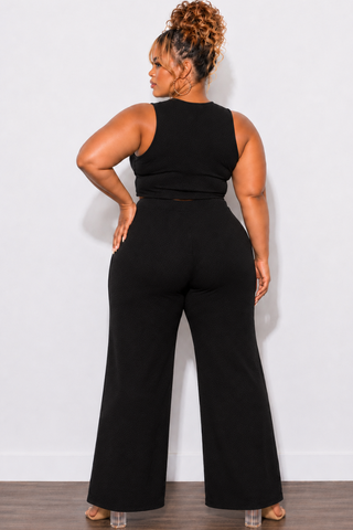 Final Sale Plus Size 2pc Cropped Tank Textured Wide Leg Pant Set in Black