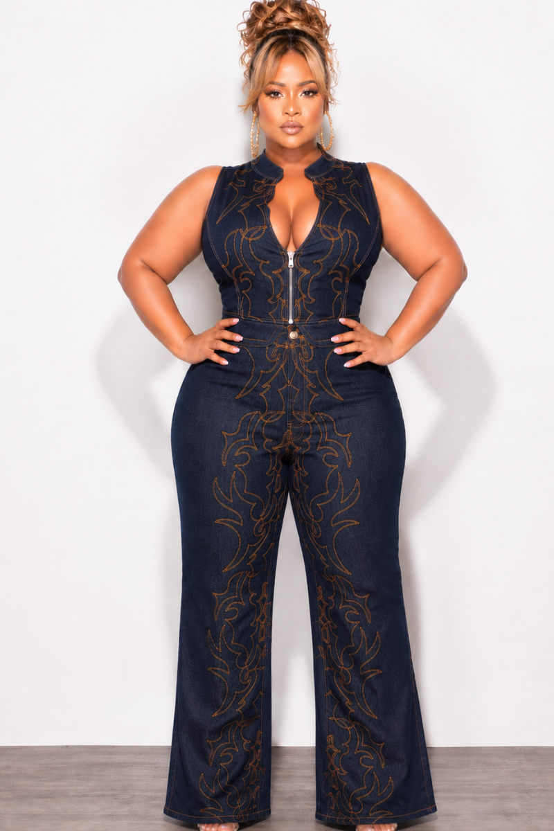 Final Sale Plus Size 2pc Sleeveless Embroidered Blazer Vest and Pants Set in Dark Denim