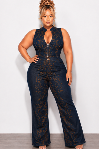 Final Sale Plus Size 2pc Sleeveless Embroidered Blazer Vest and Pants Set in Dark Denim