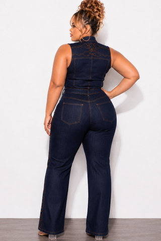 Final Sale Plus Size 2pc Sleeveless Embroidered Blazer Vest and Pants Set in Dark Denim