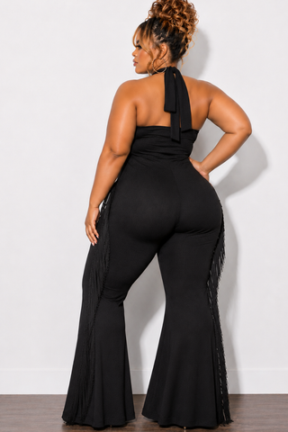 Final Sale Plus Size Halter Fringe Jumpsuit in Black