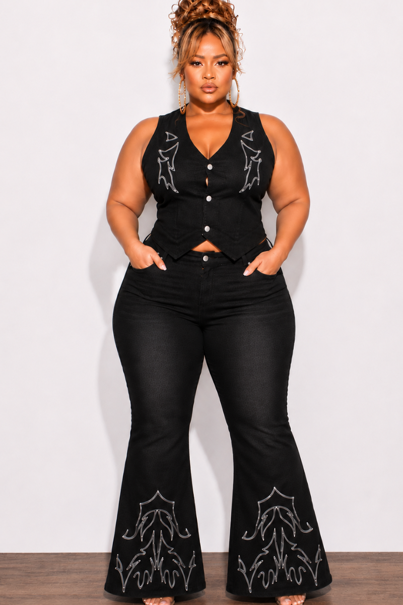 Final Sale Plus Size 2pc Sleeveless Embroidered Vest and Pants Set in Black