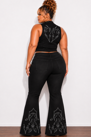 Final Sale Plus Size 2pc Sleeveless Embroidered Vest and Pants Set in Black