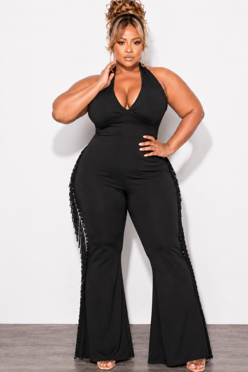 Final Sale Plus Size Halter Fringe Jumpsuit in Black
