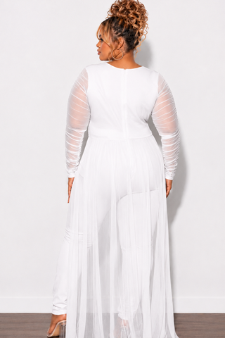 Final Sale Plus Size Mesh Ruched Sleeve Jumpsuit with Attached Long Skirt in Off White