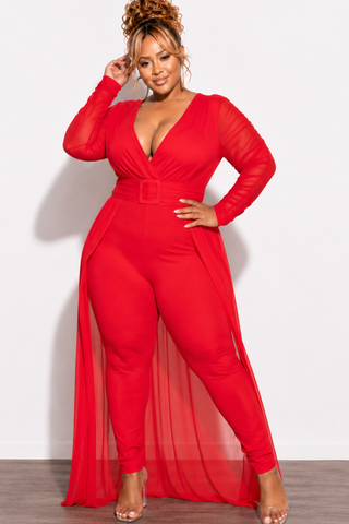Final Sale Plus Size Mesh Ruched Sleeve Jumpsuit with Attached Long Skirt in Red