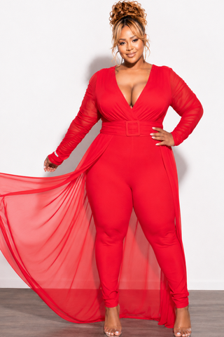 Final Sale Plus Size Mesh Ruched Sleeve Jumpsuit with Attached Long Skirt in Red