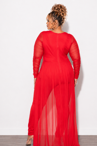 Final Sale Plus Size Mesh Ruched Sleeve Jumpsuit with Attached Long Skirt in Red