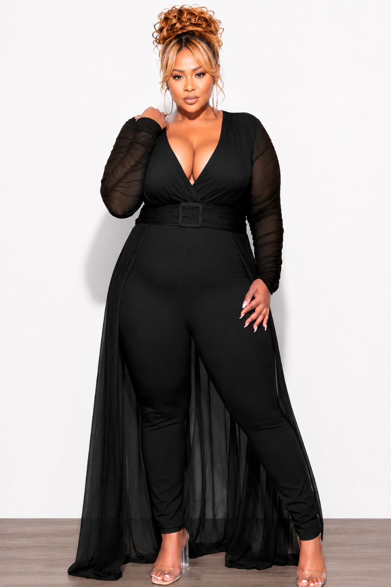 Final Sale  Plus Size Mesh Ruched Sleeve Jumpsuit with Attached Long Skirt in Black