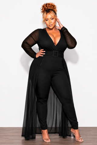 Final Sale  Plus Size Mesh Ruched Sleeve Jumpsuit with Attached Long Skirt in Black