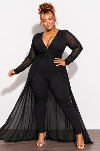 Final Sale  Plus Size Mesh Ruched Sleeve Jumpsuit with Attached Long Skirt in Black