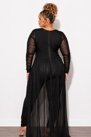 Final Sale  Plus Size Mesh Ruched Sleeve Jumpsuit with Attached Long Skirt in Black