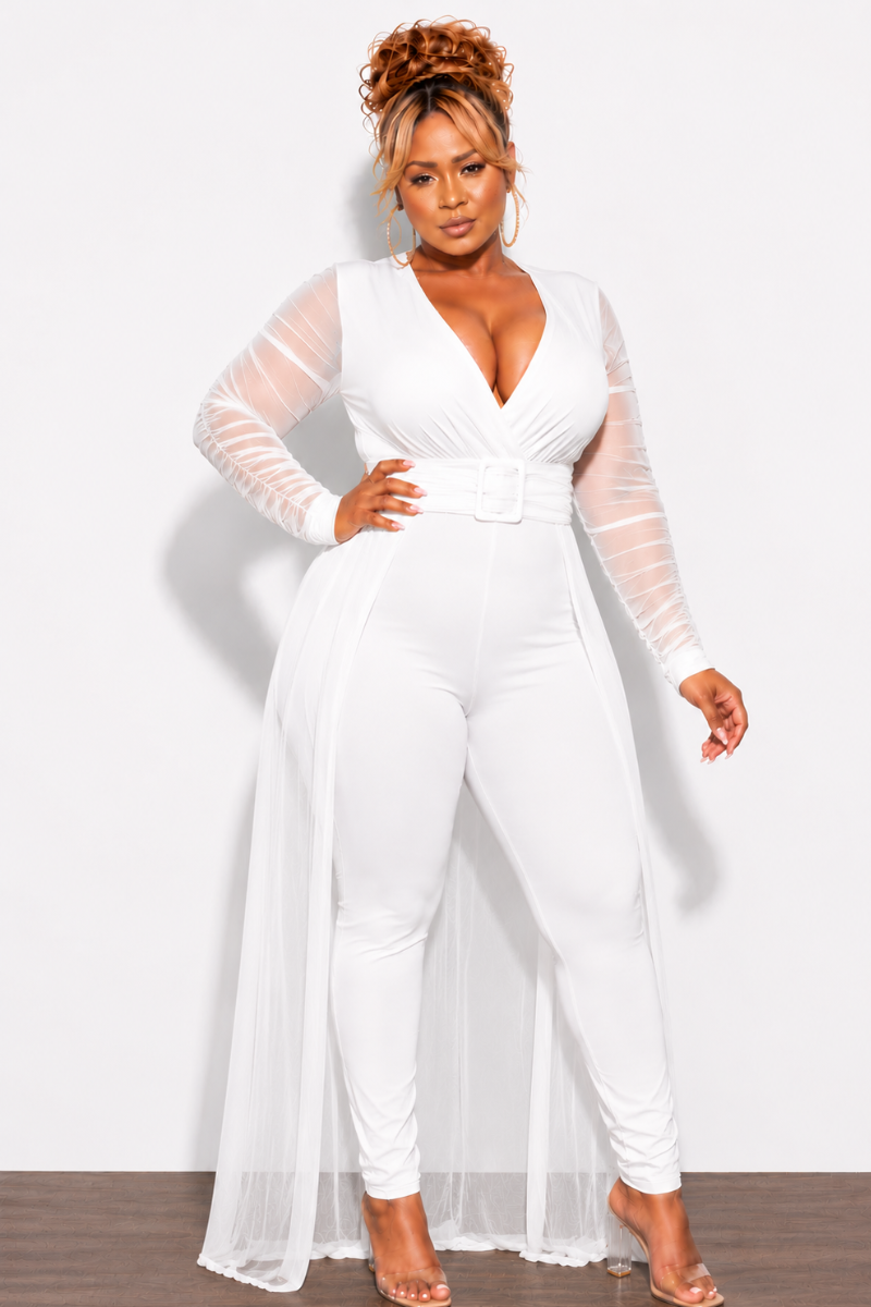 Final Sale Plus Size Mesh Ruched Sleeve Jumpsuit with Attached Long Skirt in Off White