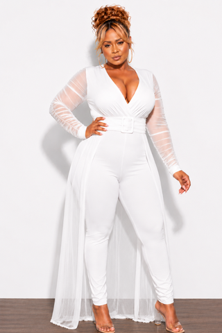 Final Sale Plus Size Mesh Ruched Sleeve Jumpsuit with Attached Long Skirt in Off White