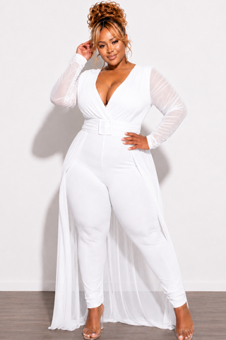 Final Sale Plus Size Mesh Ruched Sleeve Jumpsuit with Attached Long Skirt in Off White