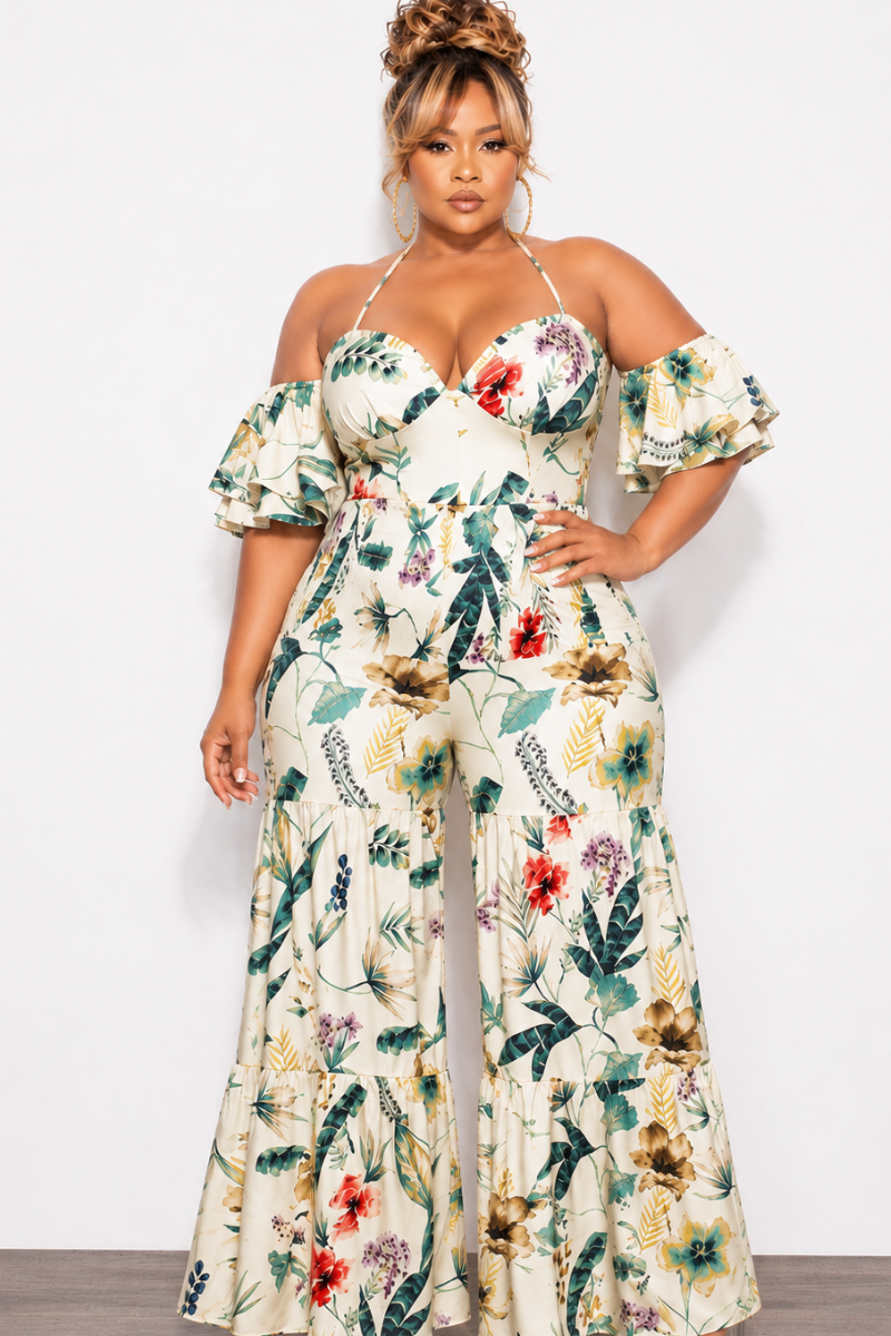 Final Sale Plus Size Spaghetti Strap Mini Ruffle Halter Jumpsuit in Cream Multi-Color Print