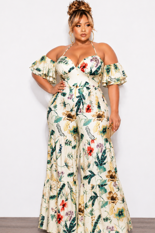 Final Sale Plus Size Spaghetti Strap Mini Ruffle Halter Jumpsuit in Cream Multi-Color Print
