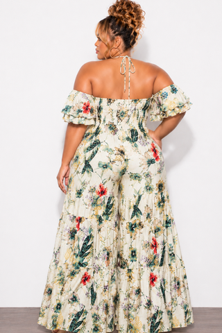 Final Sale Plus Size Spaghetti Strap Mini Ruffle Halter Jumpsuit in Cream Multi-Color Print
