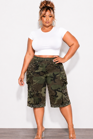 Final Sale Plus Size Cargo Camouflage Jorts with Pearls & Rhinestones