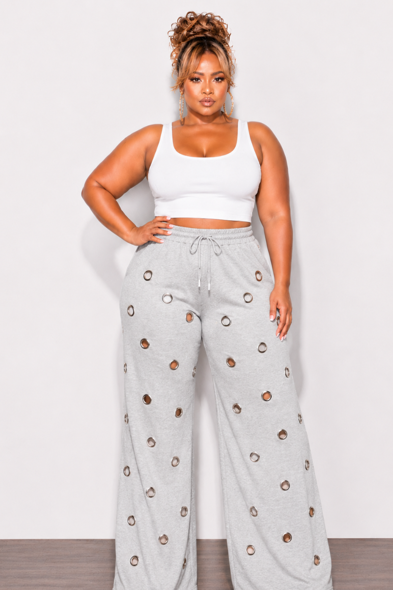 Final Sale Plus Size Jogger Pants with Silver Grommets in Grey