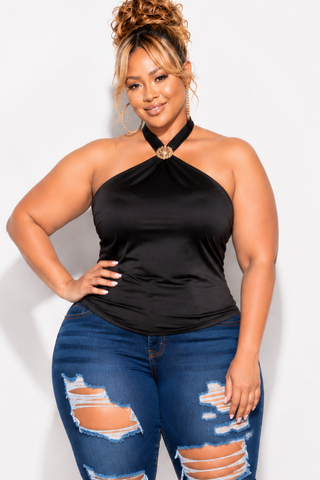Final Sale Plus Size Halter Top in Black with Gold Accent