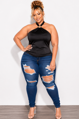 Final Sale Plus Size Halter Top in Black with Gold Accent