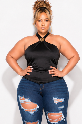 Final Sale Plus Size Halter Top in Black with Gold Accent