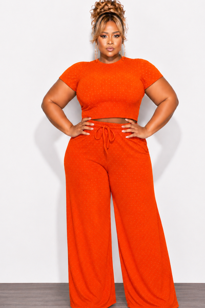 Final Sale Plus Size 2pc Crop Top and Leg Pant Set in Orange