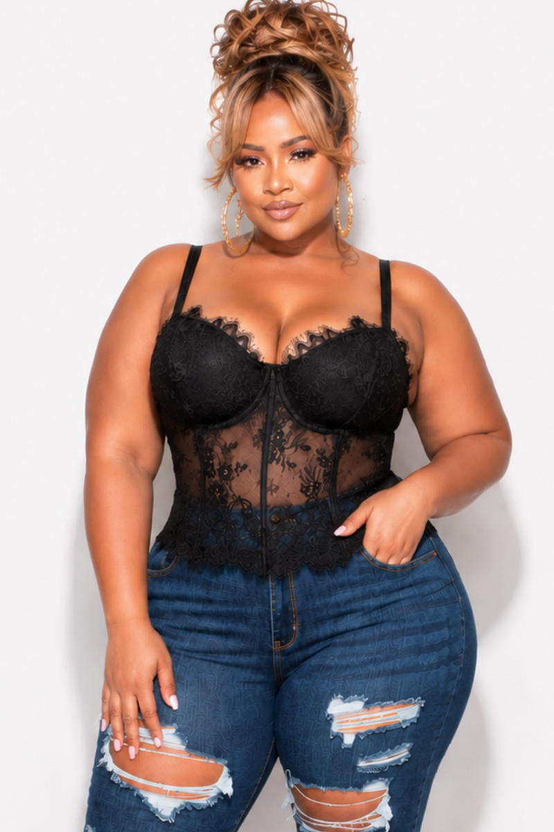 Final Sale Plus Size Lace Spaghetti Strap Corset with Mesh Back in Black