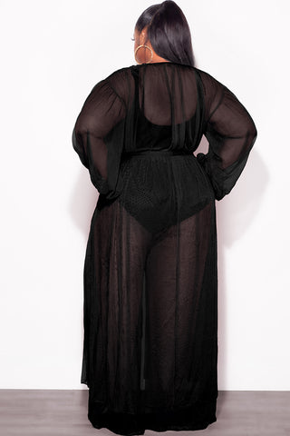 Final Sale Plus Size 2pc Sheer Duster and Pants Set in Black