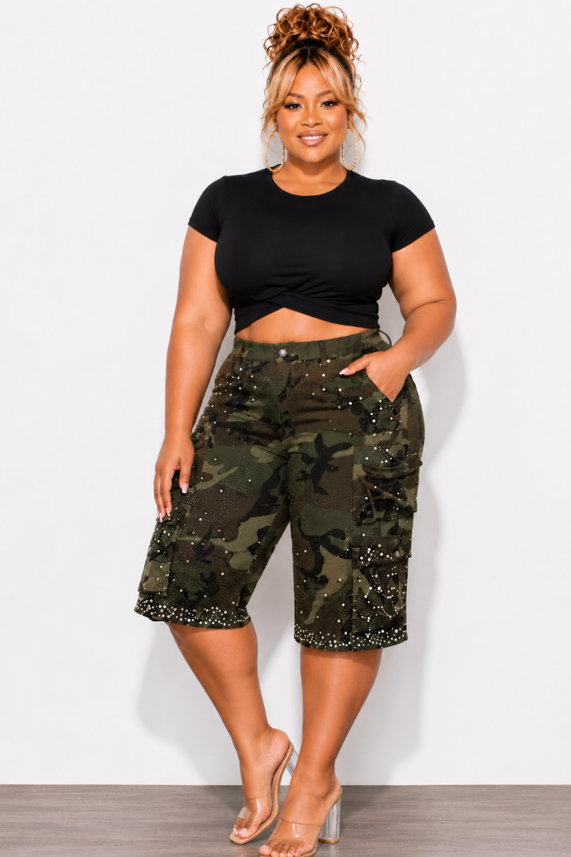 Final Sale Plus Size Cargo Camouflage Jorts with Pearls & Rhinestones