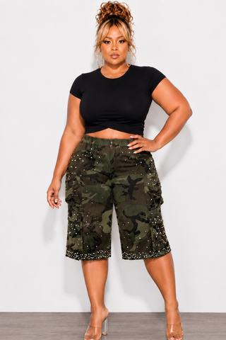 Final Sale Plus Size Cargo Camouflage Jorts with Pearls & Rhinestones