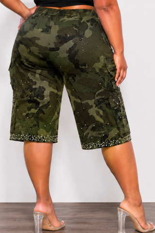 Final Sale Plus Size Cargo Camouflage Jorts with Pearls & Rhinestones