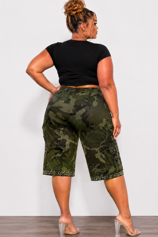 Final Sale Plus Size Cargo Camouflage Jorts with Pearls & Rhinestones