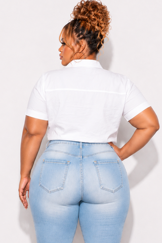 Final Sale Plus Size Short Sleeve Poplin Collar Crop Top in White