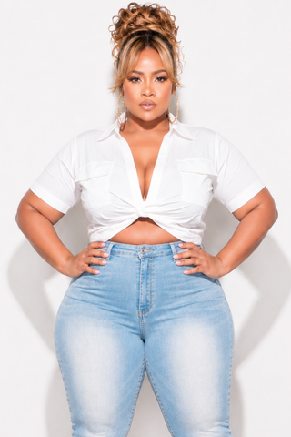 Final Sale Plus Size Short Sleeve Poplin Collar Crop Top in White