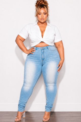 Final Sale Plus Size Short Sleeve Poplin Collar Crop Top in White