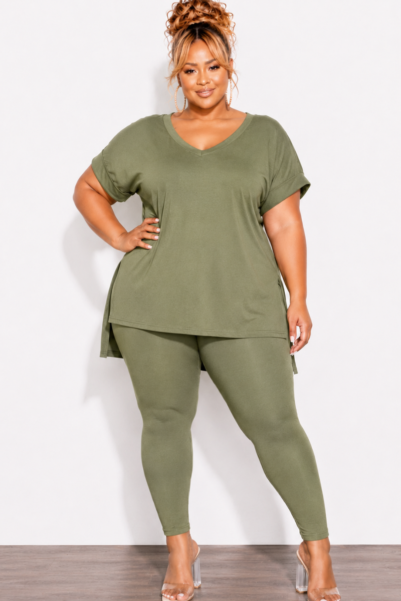Final Sale Plus Size 2pc V-Neck Tunic Top and Matching Legging Set in Light Olive
