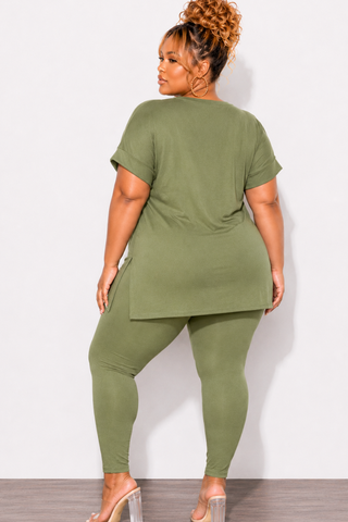 Final Sale Plus Size 2pc V-Neck Tunic Top and Matching Legging Set in Light Olive