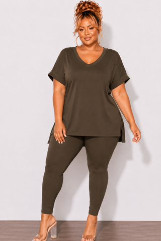 Final Sale Plus Size 2pc V-Neck Tunic Top and Matching Legging Set in Dark Olive