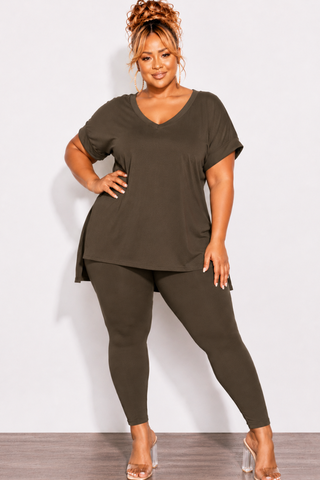 Final Sale Plus Size 2pc V-Neck Tunic Top and Matching Legging Set in Dark Olive