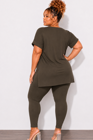 Final Sale Plus Size 2pc V-Neck Tunic Top and Matching Legging Set in Dark Olive