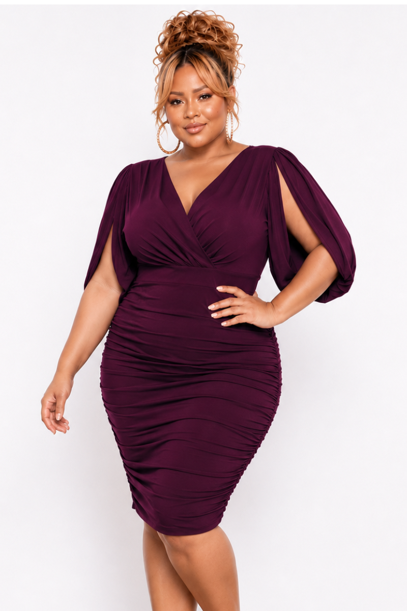 Final Sale Plus Size Deep V-neck Cape Slit Open Mesh Sleeve Ruched Min